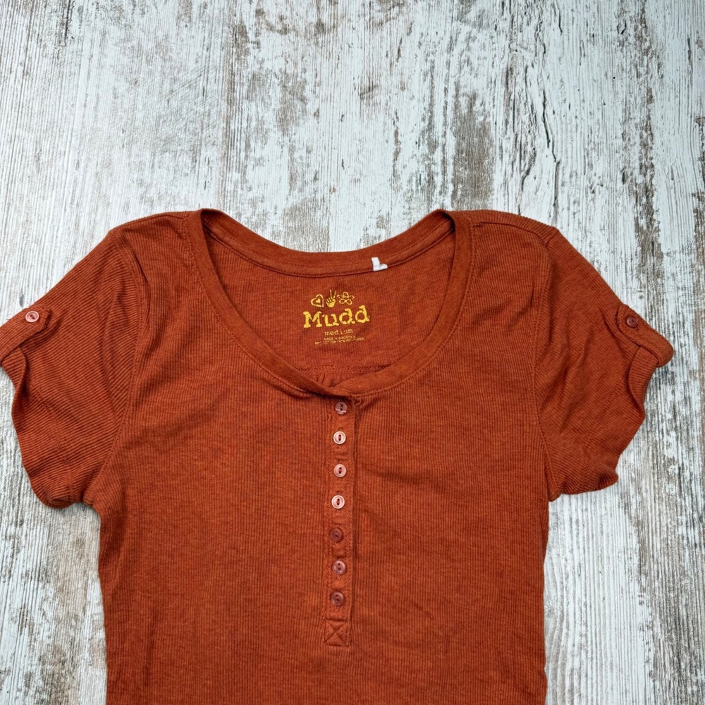 VTG Y2K Mudd Rust Orange Fitted Ribbed Henley Short Sleeve Button Top Medium - Picture 4 of 8